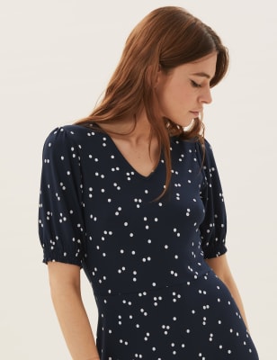  Robe coupe courte en jersey à col en V et pois - Navy Mix