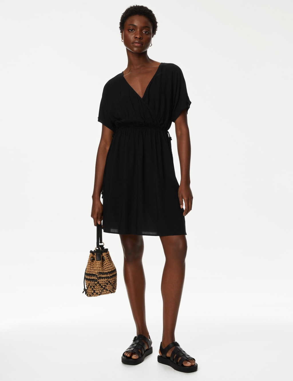 V-Neck Tie Waist Mini Waisted Dress image 1
