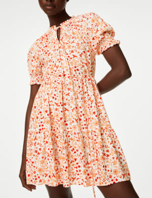 

Womens M&S Collection Printed Tie Neck Mini Tiered Dress - Orange Mix, Orange Mix