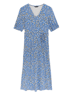 

Womens M&S Collection Jersey Printed V-Neck Midi Tea Dress - Blue Mix, Blue Mix