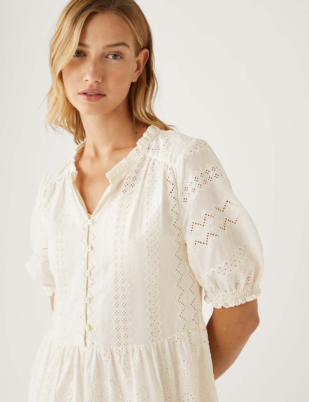 Pure Cotton Broderie V-Neck Mini Dress image 1