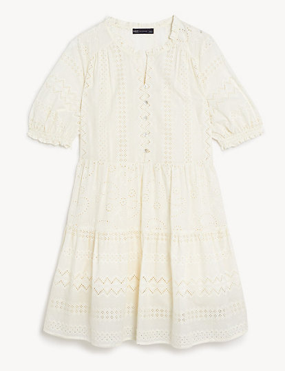 Pure Cotton Broderie V-Neck Mini Dress
