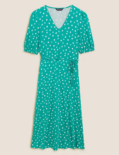 Jersey Polka Dot V-Neck Midi Tea Dress