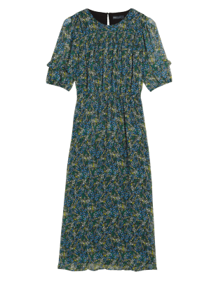 

Womens M&S Collection Tailliertes Chiffon-Midikleid mit Blümchenmuster - Blue Mix, Blue Mix