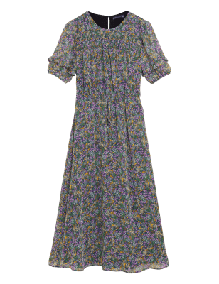 

Womens M&S Collection Tailliertes Chiffon-Midikleid mit Blümchenmuster - Multi, Multi