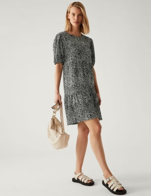 

Womens M&S Collection Jersey Printed Textured Tiered Dress - Black Mix, Black Mix