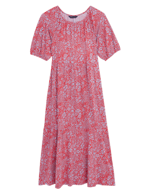 

Womens M&S Collection Jersey Floral Puff Sleeve Midi Tiered Dress - Red Mix, Red Mix