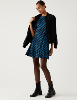 

Womens M&S Collection Jersey Printed Round Neck Mini Skater Dress - Blue Mix, Blue Mix