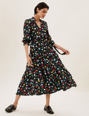 

Womens M&S Collection Floral Tie Front Midi Tiered Dress - Black Mix, Black Mix