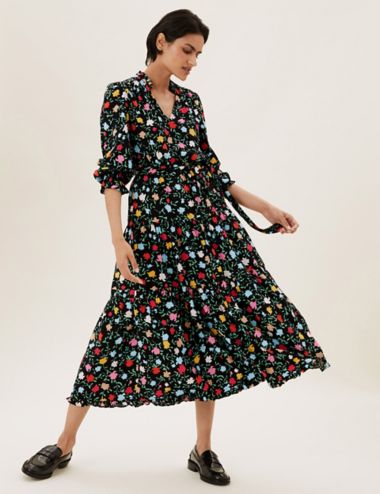 Ditsy Floral Short Sleeve Midi Dress Marks & Spencer Women Clothing Dresses Printed Dresses 