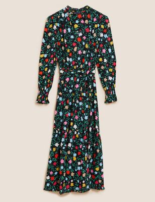 M&S Womens Floral Tie Front Midi Tiered Dress