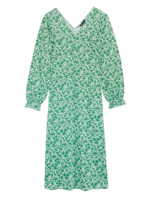 

Womens M&S Collection Geblümtes Jersey-Midikleid mit V-Ausschnitt und Puffärmeln - Green Mix, Green Mix