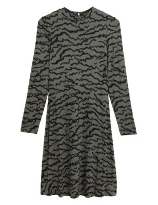 Womens M&S Collection Jersey Printed High Neck Skater Dress - Khaki Mix