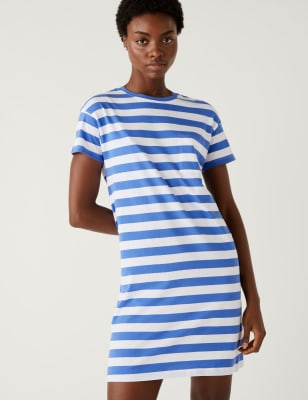 

Womens M&S Collection Pure Cotton Printed Mini T-Shirt Dress - Blue Mix, Blue Mix