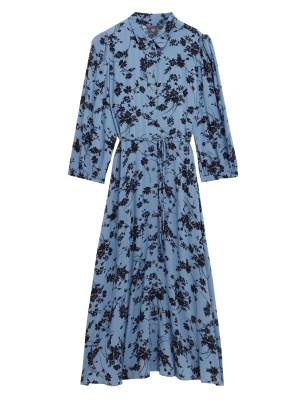 

Womens M&S Collection Floral Tie Waist Midi Shirt Dress - Blue Mix, Blue Mix