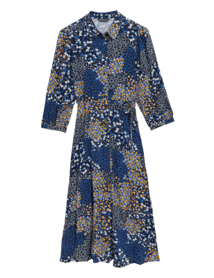 

Womens M&S Collection Geblümtes Midi-Shirtkleid mit Bindegürtel - Navy Mix, Navy Mix