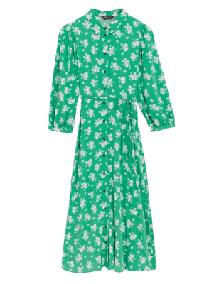 

Womens M&S Collection Floral Tie Waist Midi Shirt Dress - Green Mix, Green Mix
