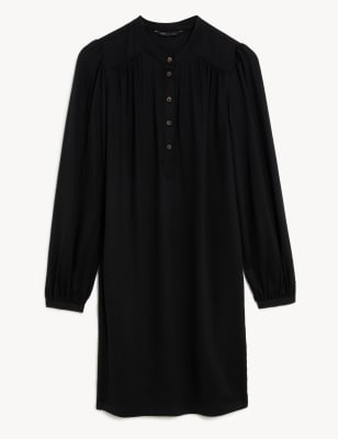 V-Neck Button Front Knee Length Shift Dress
