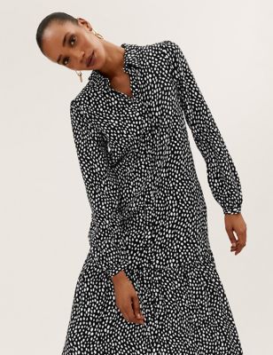 

Womens M&S Collection Printed Collared Midi Relaxed Tiered Dress - Black Mix, Black Mix