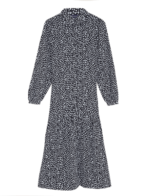 

Womens M&S Collection Bequemes Midi-Stufenkleid mit Kragen und Muster - Black Mix, Black Mix