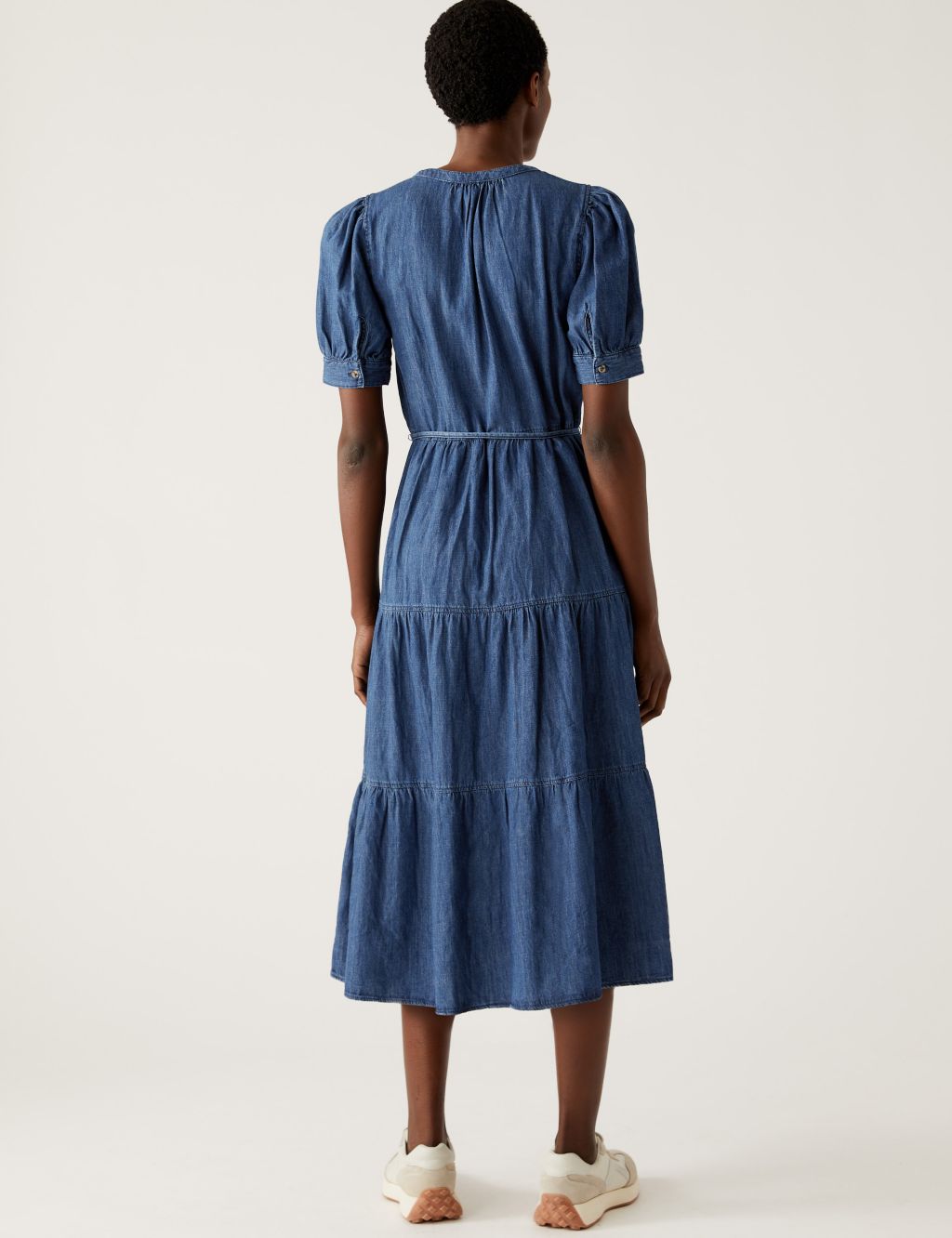 Denim V-Neck Button Front Midi Tiered Dress image 4