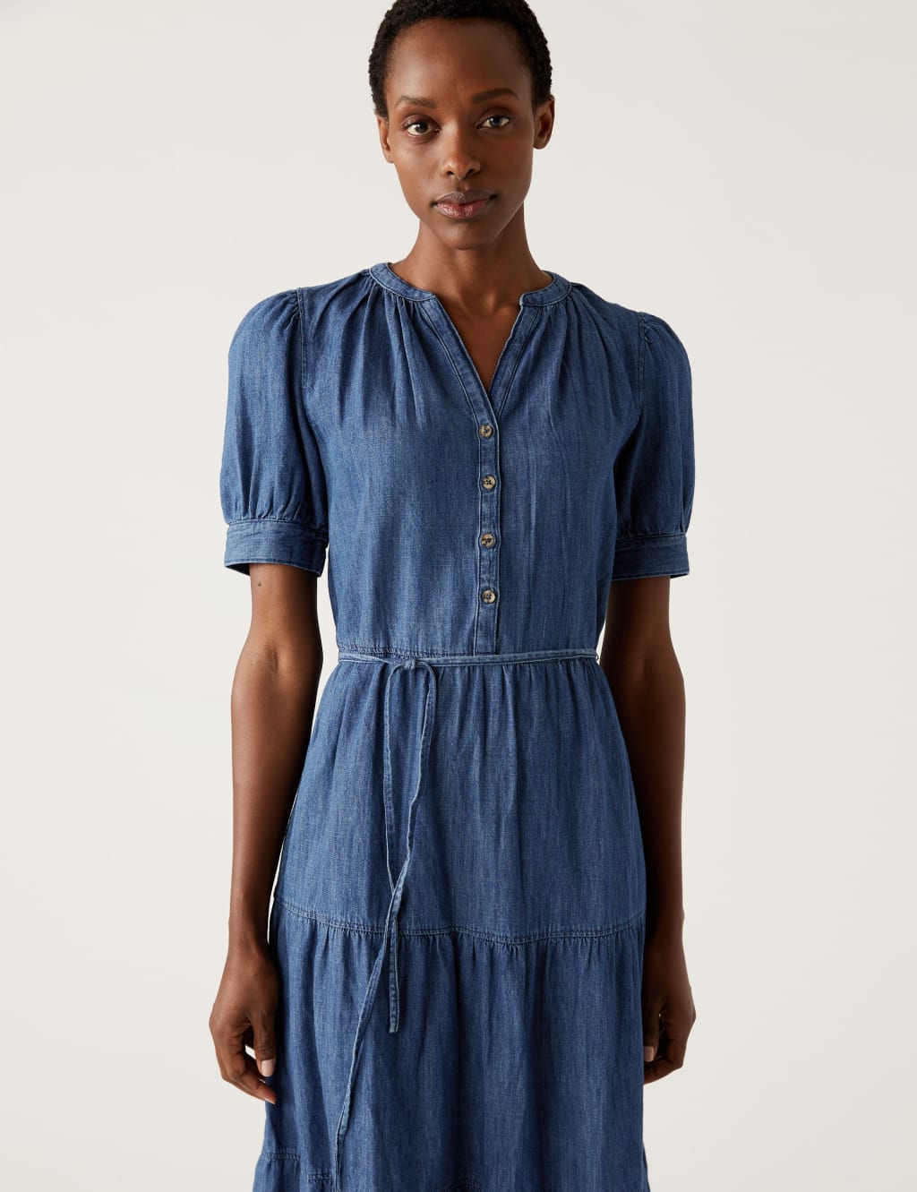 Denim V-Neck Button Front Midi Tiered Dress image 4