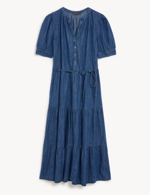 Denim V-Neck Button Front Midi Tiered Dress