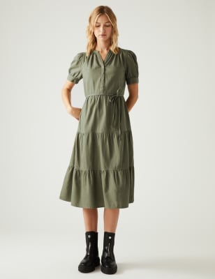 

Womens M&S Collection Denim V-Neck Button Front Midi Tiered Dress - Khaki, Khaki