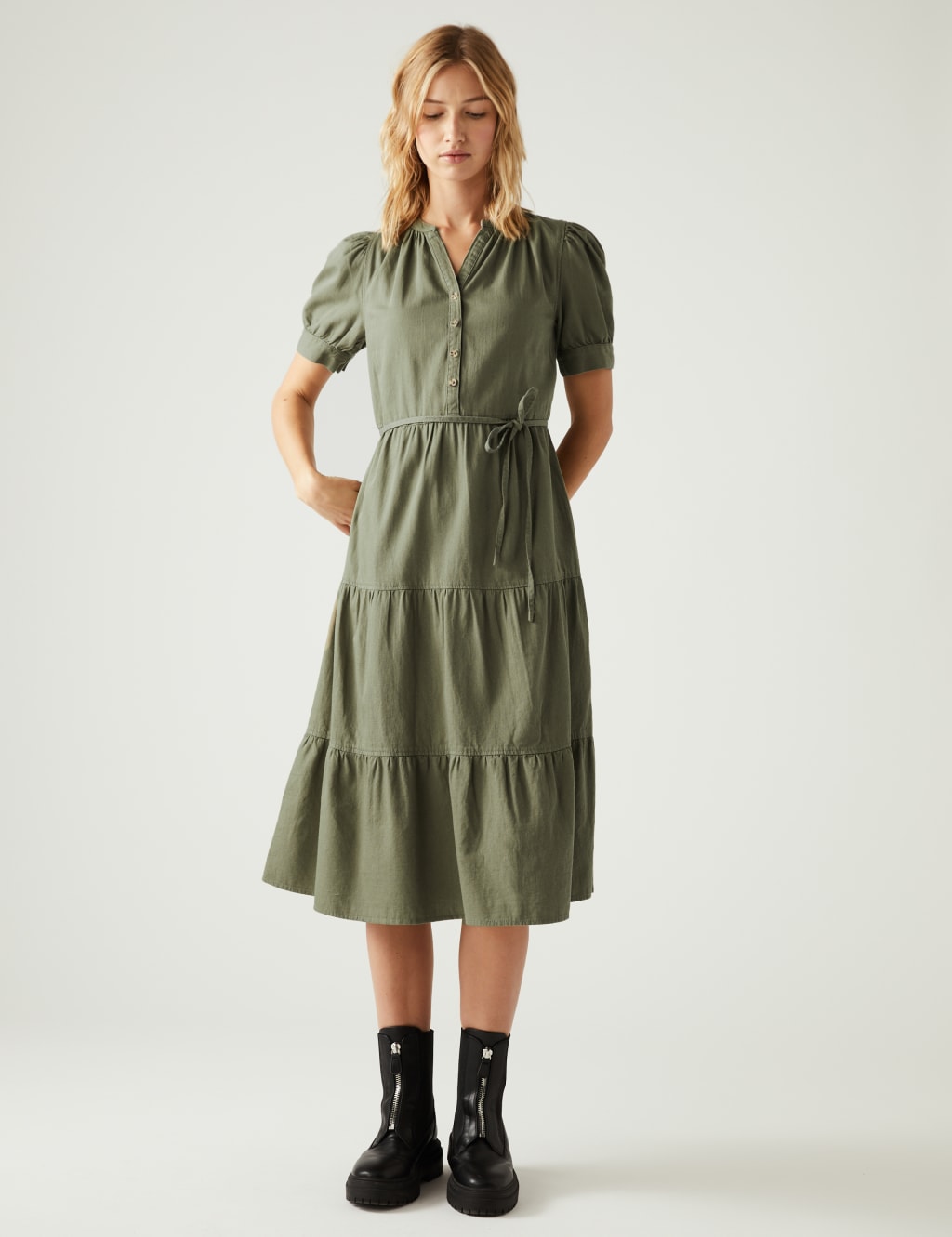 Denim V-Neck Button Front Midi Tiered Dress image 1