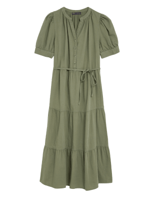 

Womens M&S Collection Denim V-Neck Button Front Midi Tiered Dress - Khaki, Khaki