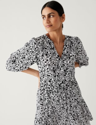 

Womens M&S Collection Printed Tie Neck Mini Tiered Dress - Black Mix, Black Mix