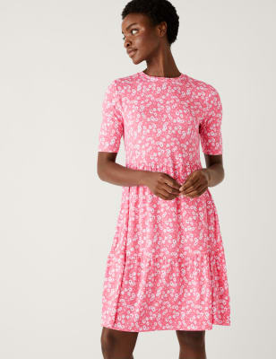 

Womens M&S Collection Jersey Printed Knee Length Tiered Dress - Pink Mix, Pink Mix