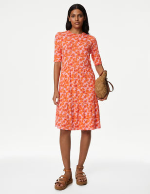 

M&S Collection Vestido en capas de punto estampado por la rodillaWomens - Orange Mix, Orange Mix