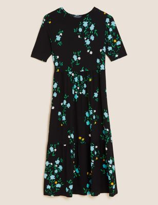 M&S Womens Jersey Floral Midi Tiered Dress