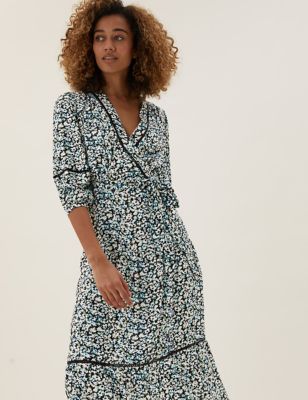 

Womens M&S Collection Floral V-Neck Midi Tiered Wrap Dress - Navy Mix, Navy Mix