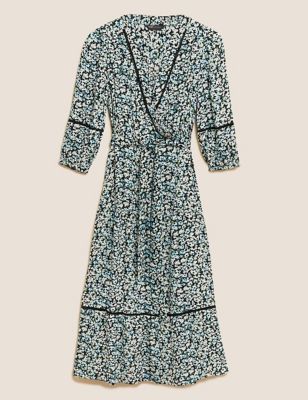 M&S Womens Floral V-Neck Midi Tiered Wrap Dress