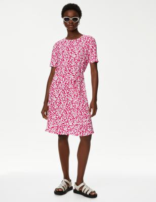 

Womens M&S Collection Printed Round Neck Belted Mini Skater Dress - Pink Mix, Pink Mix