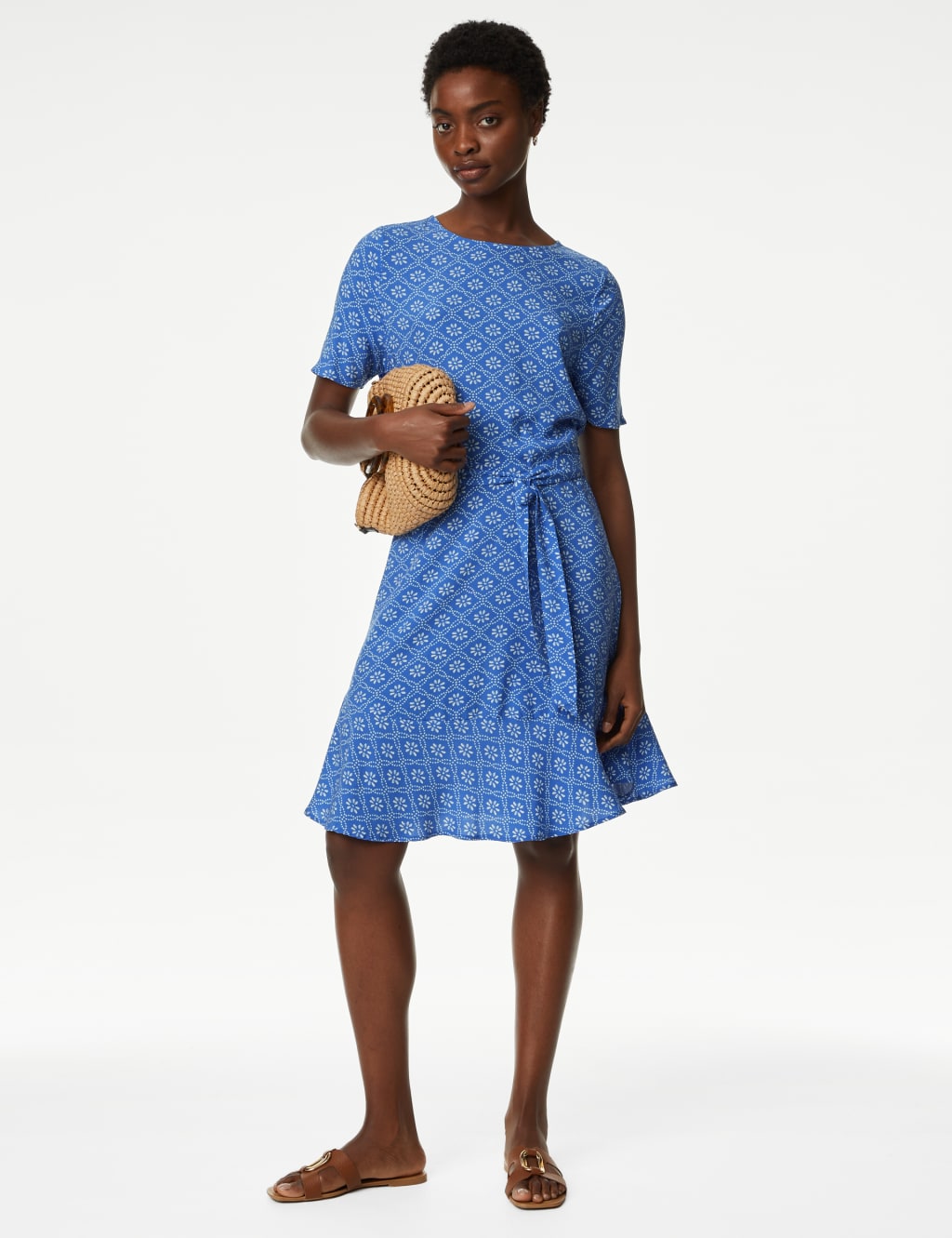 Printed Round Neck Belted Mini Skater Dress image 1