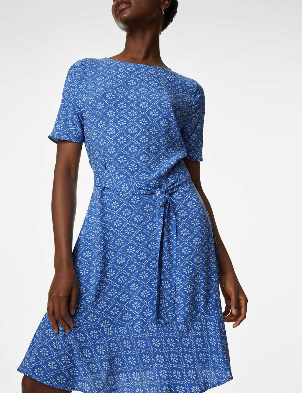 Printed Round Neck Belted Mini Skater Dress image 2