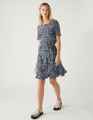 

Womens M&S Collection Printed Round Neck Belted Mini Skater Dress - Navy Mix, Navy Mix