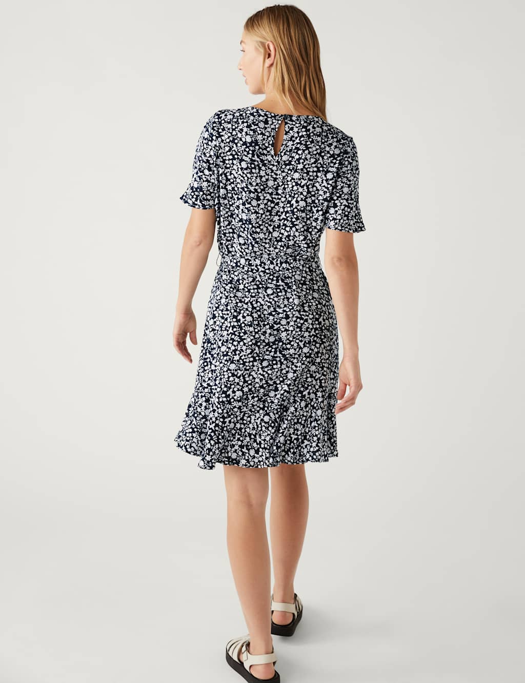 Printed Round Neck Belted Mini Skater Dress image 4