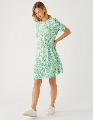 

Womens M&S Collection Printed Round Neck Belted Mini Skater Dress - Green Mix, Green Mix