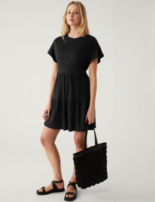 

Womens M&S Collection Pure Cotton Round Neck Mini Tiered Dress - Black, Black