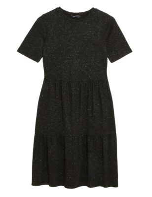 

Womens M&S Collection Jersey Sparkly Knee Length Tiered Dress - Black, Black