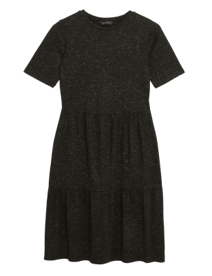 

Womens M&S Collection Jersey Sparkly Knee Length Tiered Dress - Black, Black