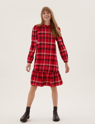 

M&S Collection Vestido camisero por la rodilla de cuadros 100% algodónWomens - Red Mix, Red Mix