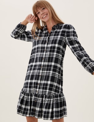 

Womens M&S Collection Pure Cotton Checked Knee Length Shirt Dress - Black Mix, Black Mix