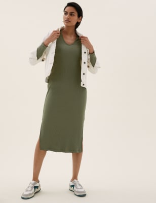 

Womens M&S Collection Ribbed V-Neck Midi Column Dress - Khaki, Khaki