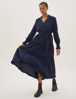 

Womens M&S Collection V-Neck Tie Front Midi Tiered Dress - Navy, Navy