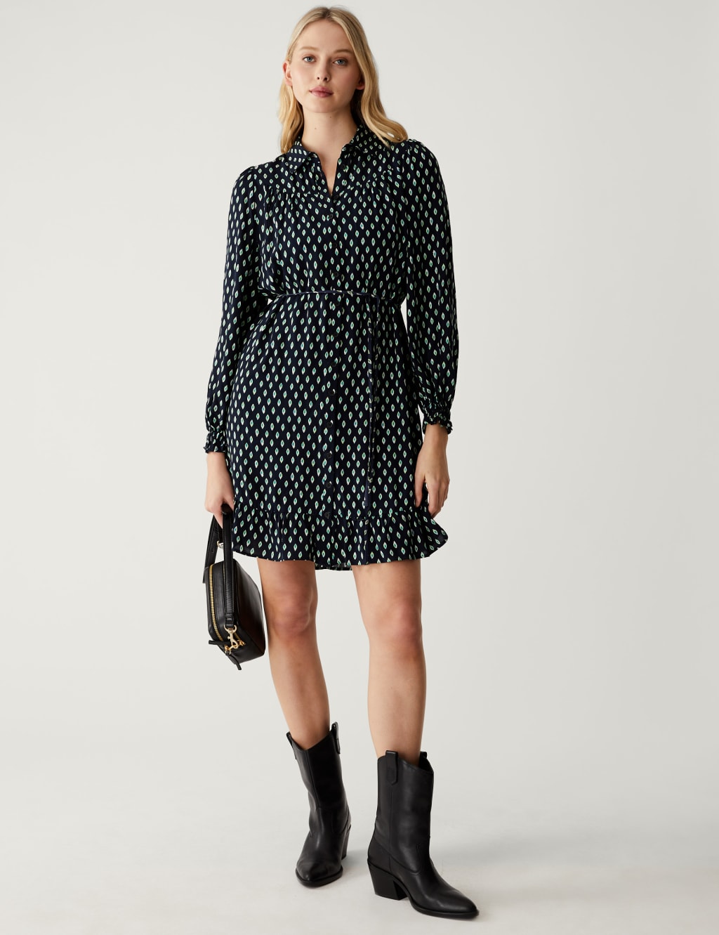 Printed Belted Mini Shirt Dress image 1